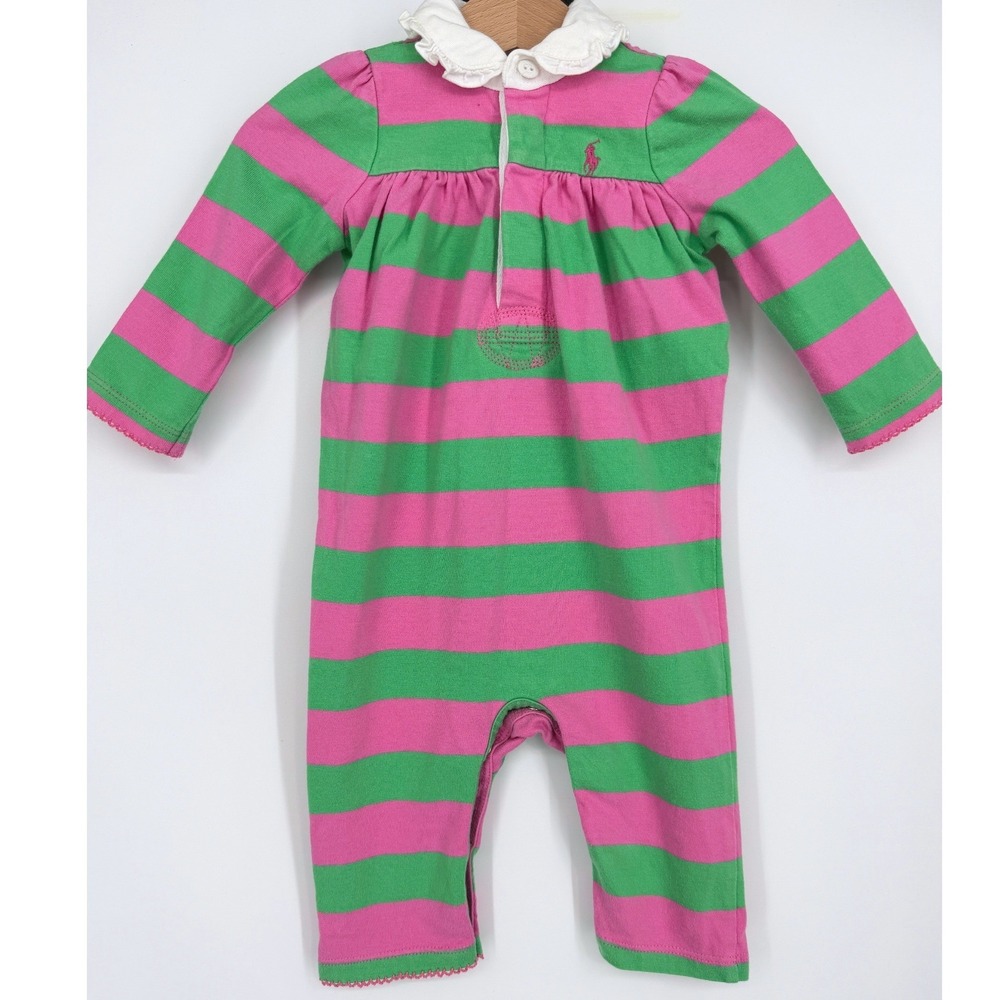 Ralph Lauren‎ Baby Pink Green Striped Romper Ruffle Collar Embroidered Pony 6 M